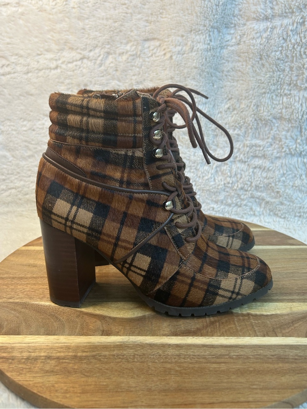 Antonio Melani Grayciee Plaid Boots Womens 7 Calf Hair Upper Stacked Block Heel